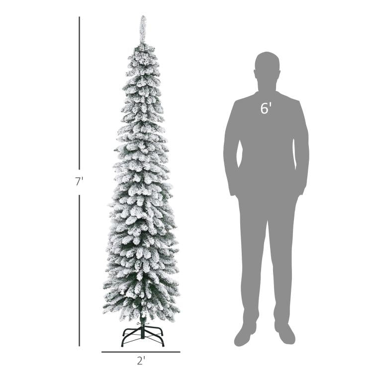 7 ft snow-frosted slim pencil artificial Christmas tree on black folding stand