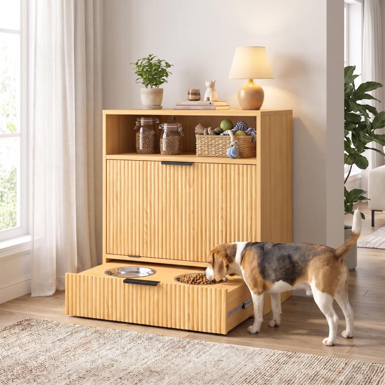 Wood dog feeding station with hidden bowls drawer and open top cubbies