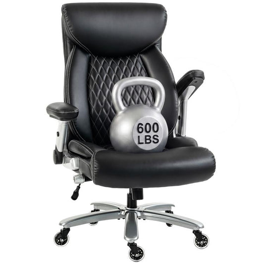 Black ergonomic office chair with headrest, quilted backrest, and flip-up arms