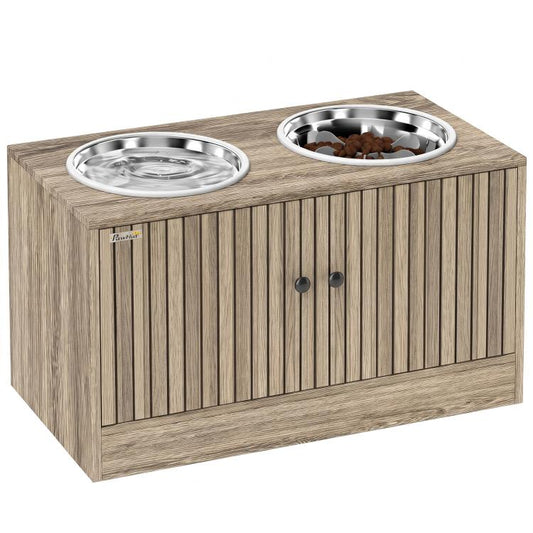 Wood-grain elevated dog feeding station with two stainless steel bowls and cabinet doors