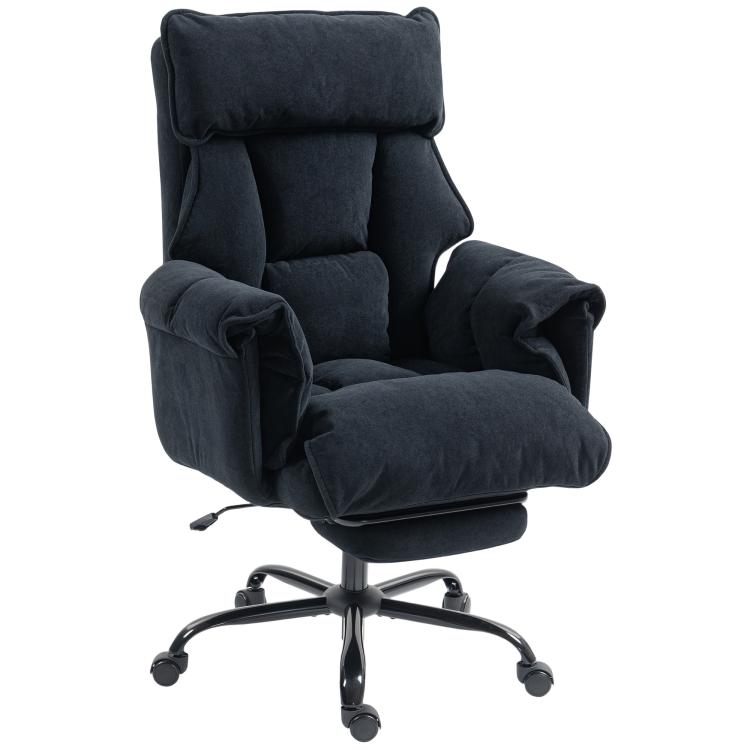 Black reclining office chair with footrest and high back, rounded armrests, adjustable base