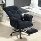 Black reclining office chair with pull-out footrest, cushioned armrests and headrest