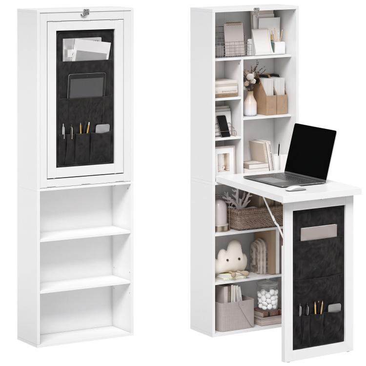 White foldable writing table with open shelving, window panel, and black fabric pocket storage