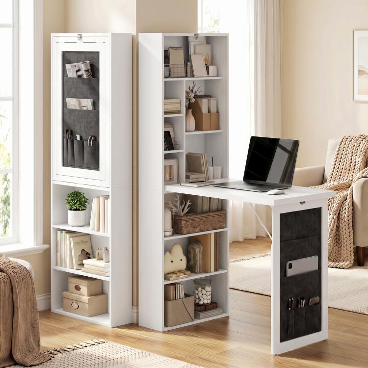 White foldable writing desk with side shelves, black storage pocket panel, and open compartments
