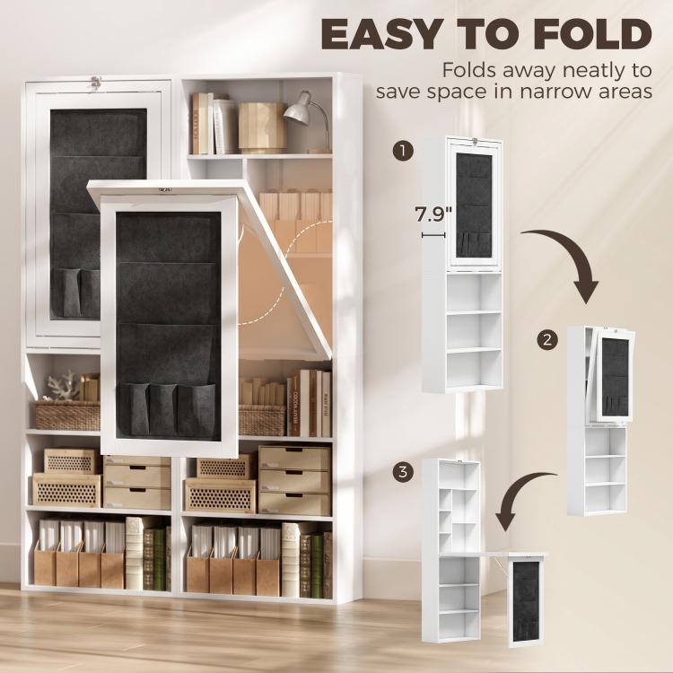 White foldable writing table compact with black pocket panel and open shelving, unfolded view