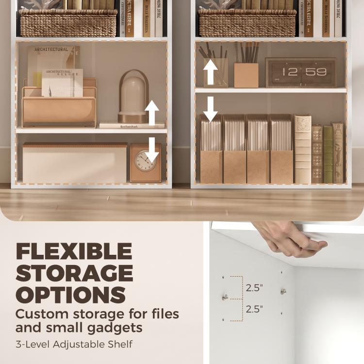 White open shelf compartments with adjustable levels for files and small gadgets