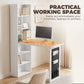 White foldable writing table with open shelves, desk surface, and black pocket organizer