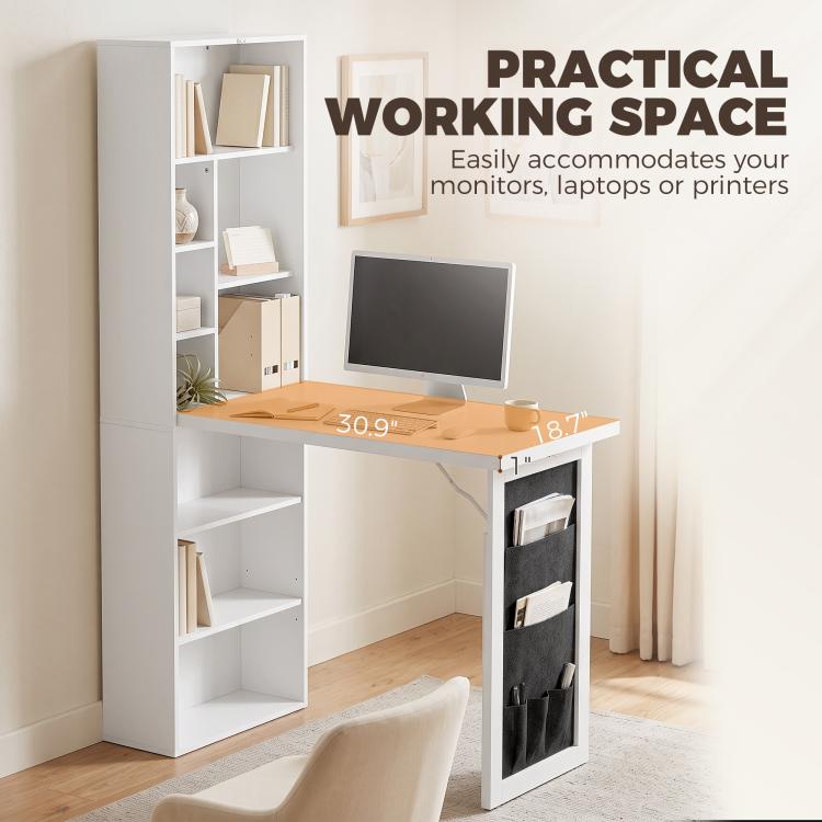 White foldable writing table with open shelves, desk surface, and black pocket organizer
