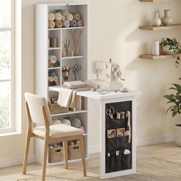 White foldable writing table with open shelving, black pocket panel, and storage compartments