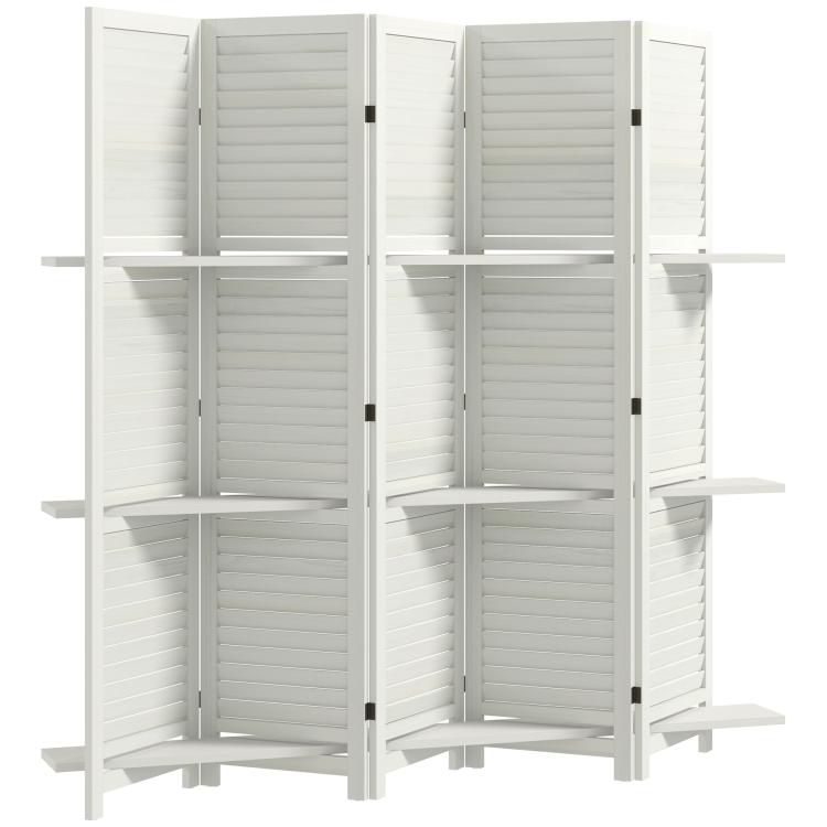 White 5-panel folding wood privacy screen with 3 shelves