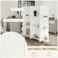 White wood privacy screen divider with slatted panels and built-in shelves on either side.