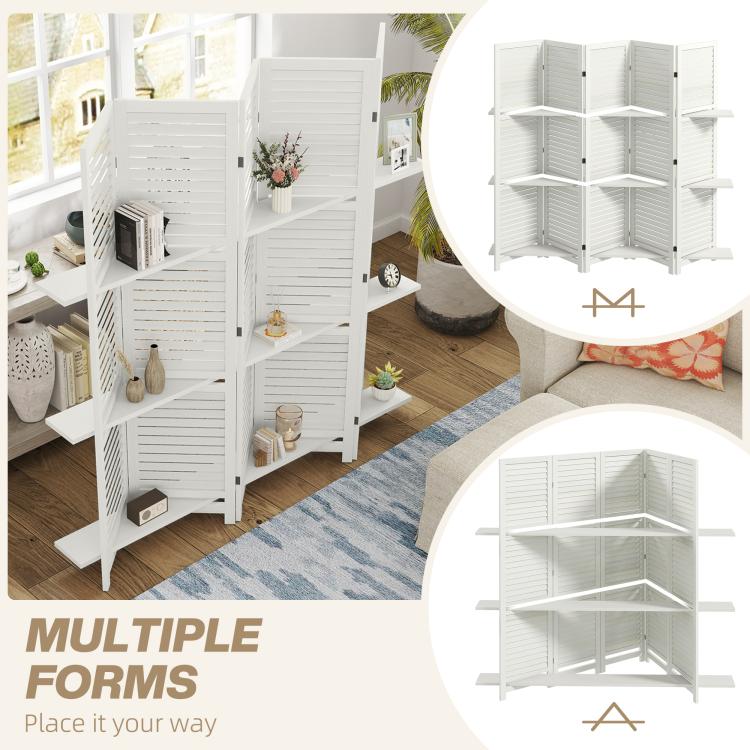 White folding privacy screen with open shelves, showing different panel configurations.