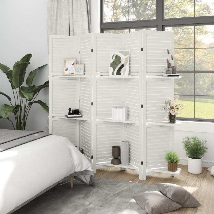 White 5-panel privacy screen room divider with shelves and storage niches near a window.