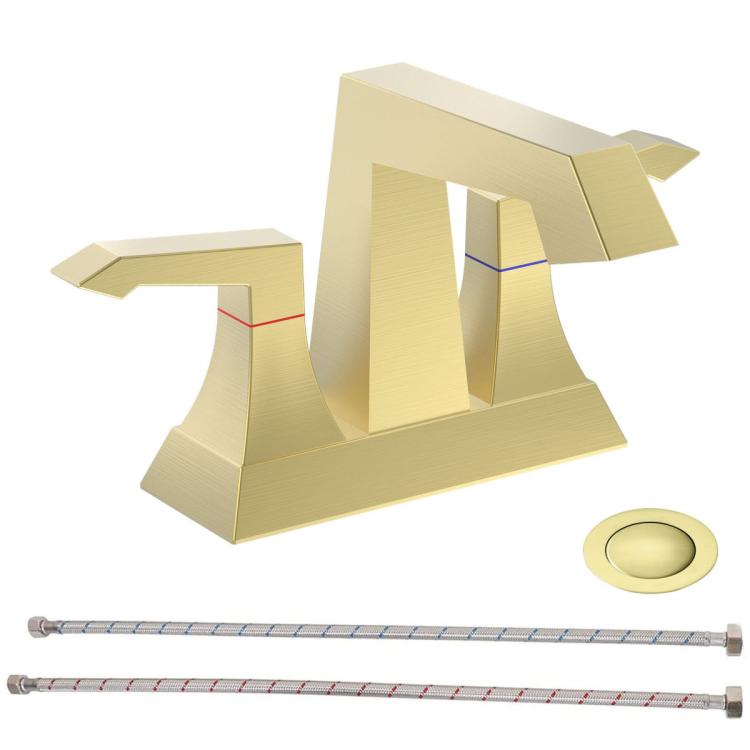 Brushed gold two-handle deck-mount bathroom faucet with matching pop-up drain