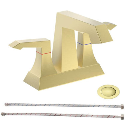 Brushed gold two-handle deck-mount bathroom faucet with matching pop-up drain