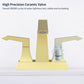 Brushed gold two-handle faucet with ceramic valve shown and central spout