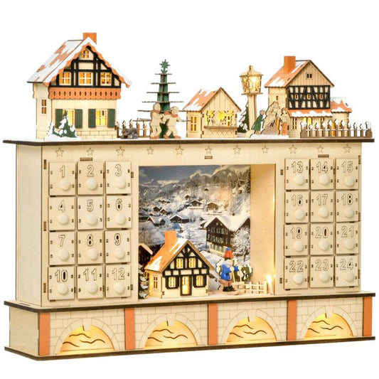 Light-up wooden Christmas advent calendar with numbered drawer compartments and village houses