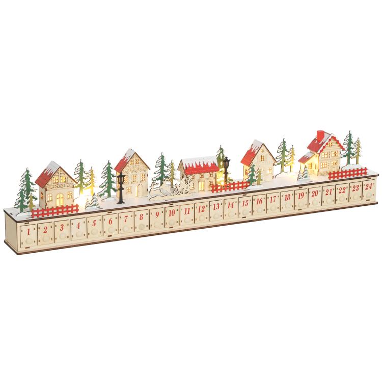 Wood-effect Christmas advent calendar with 24 numbered drawers and village houses along base