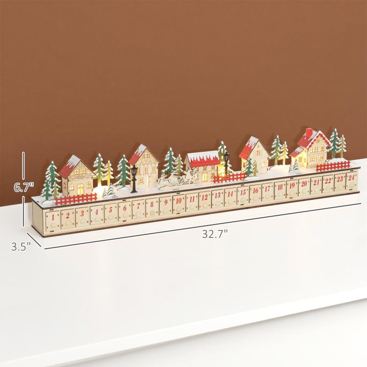 Wood-effect Christmas advent calendar with house village and 24 drawer countdown row