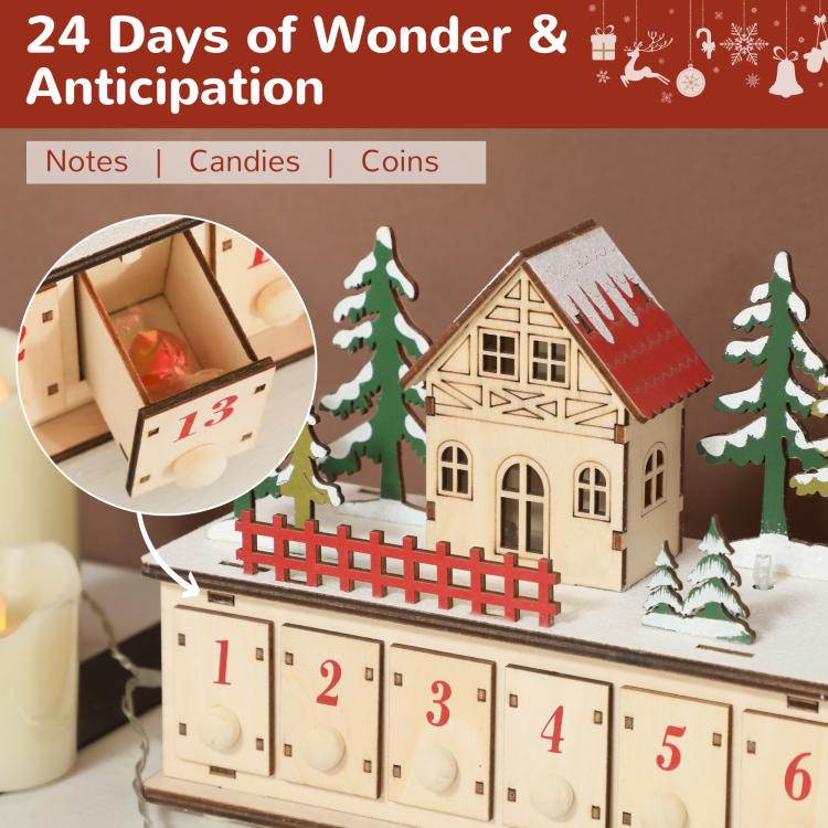 Wood-effect advent calendar with house scene, 24 drawers, and inset of opened drawer