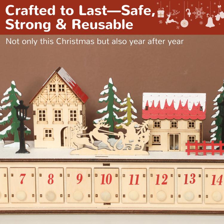 Wood-effect advent calendar with house facade details and numbered drawers 7 to 14