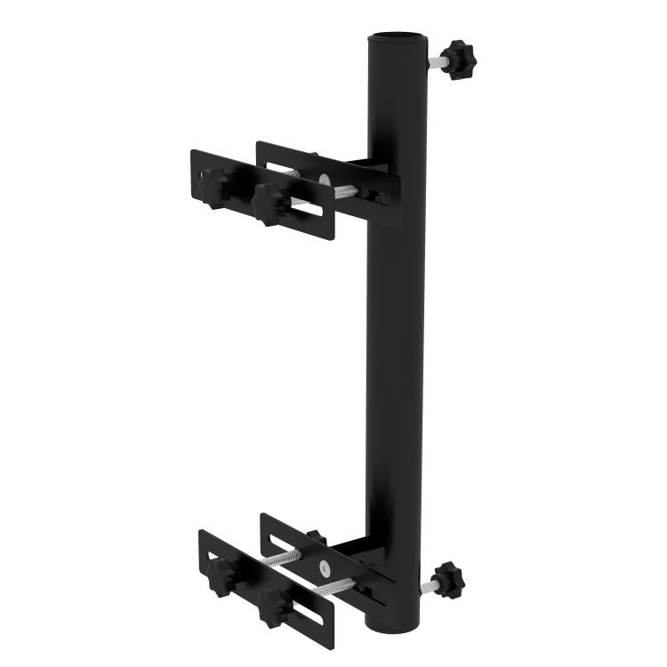 Black umbrella deck mount bracket with top and bottom clamp arms on post