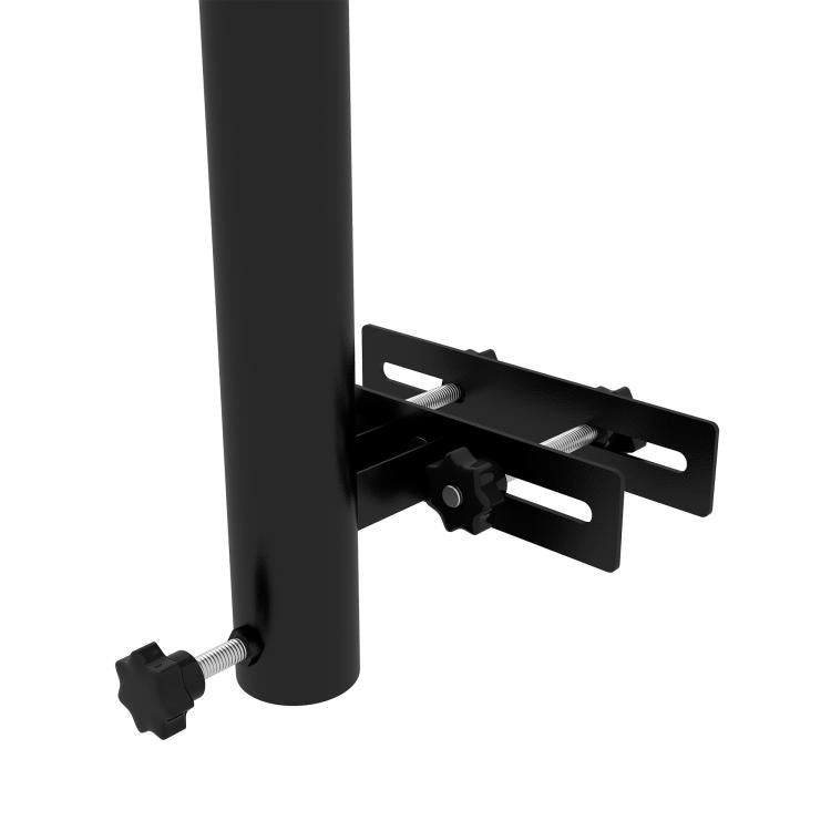 Black deck railing umbrella holder bracket with adjustable clamp and knob screw