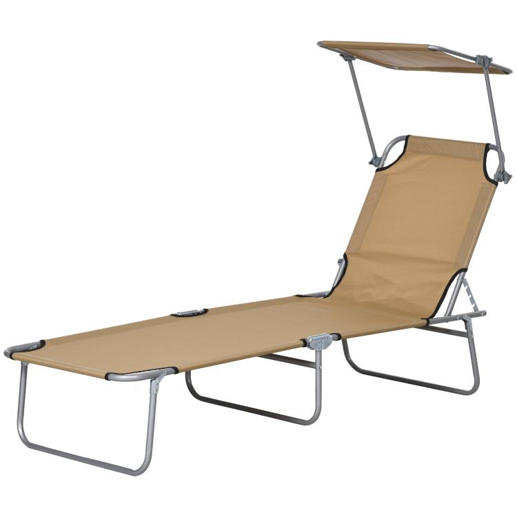Tan folding tanning lounge chair with sun shade and metal base, angled seat