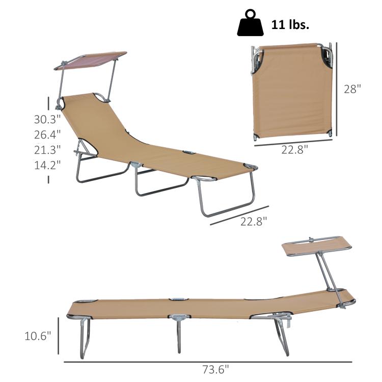 Tan folding sun lounger chair with sun shade and padded fabric seat