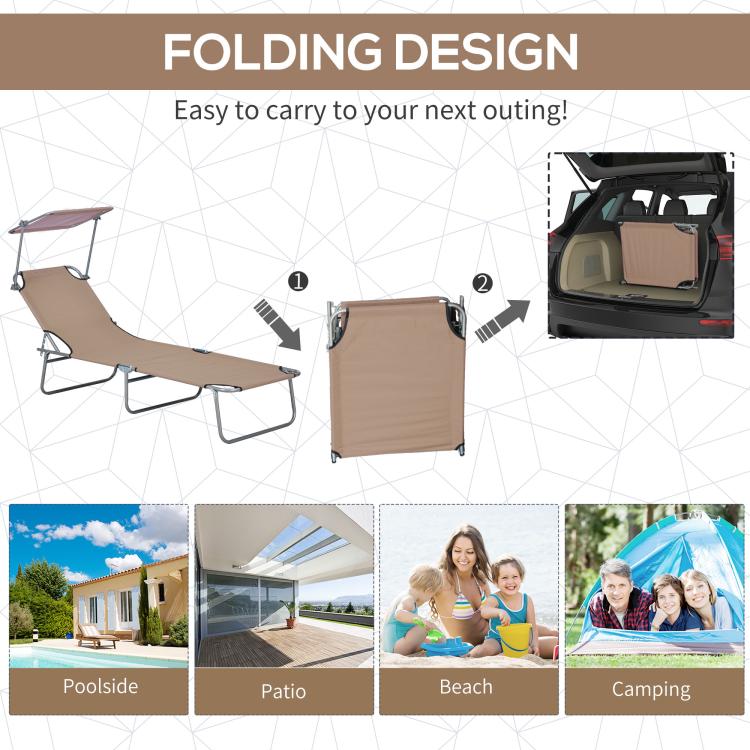 Tan folding chaise lounge chair with sun shade, compact carry design