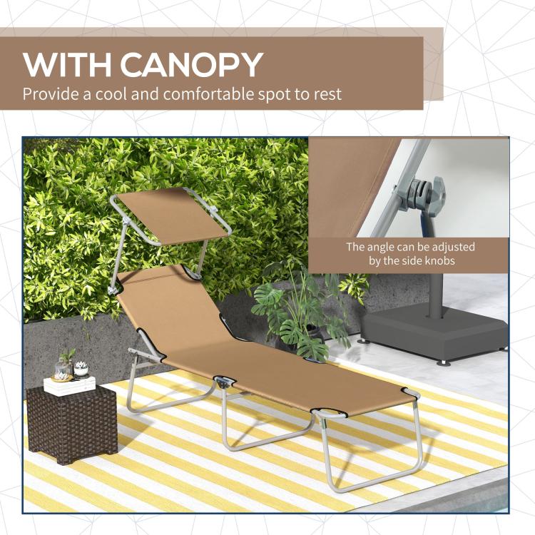 Tan chaise lounge chair with adjustable sun shade and folding metal frame