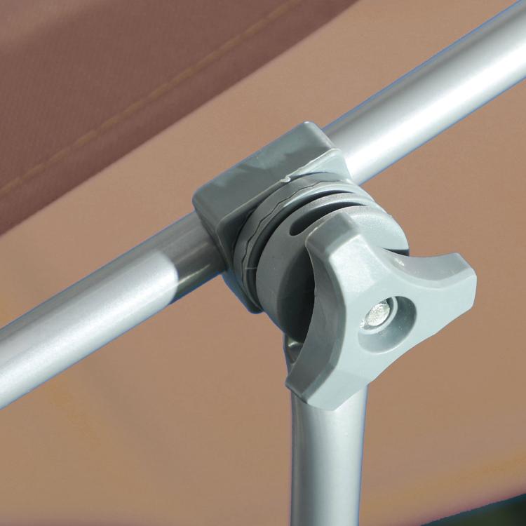 Metal hinge joint on tan folding chaise lounge chair frame