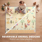 Large reversible play mat with forest animal design, beige background and blue trees