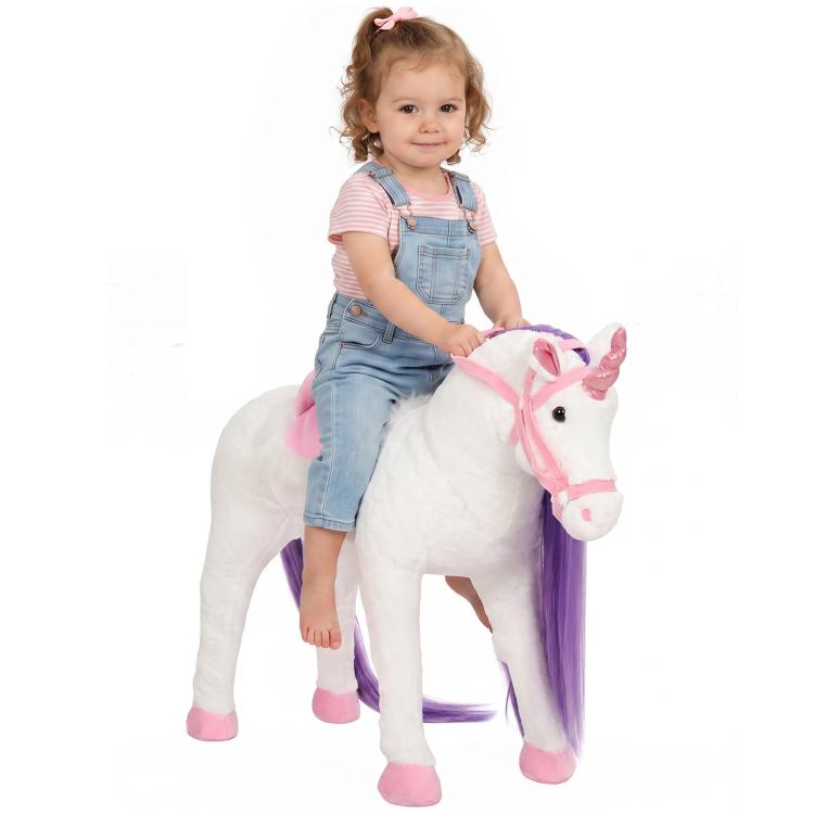 White plush ride-on horse toy with pink bridle and long purple tail