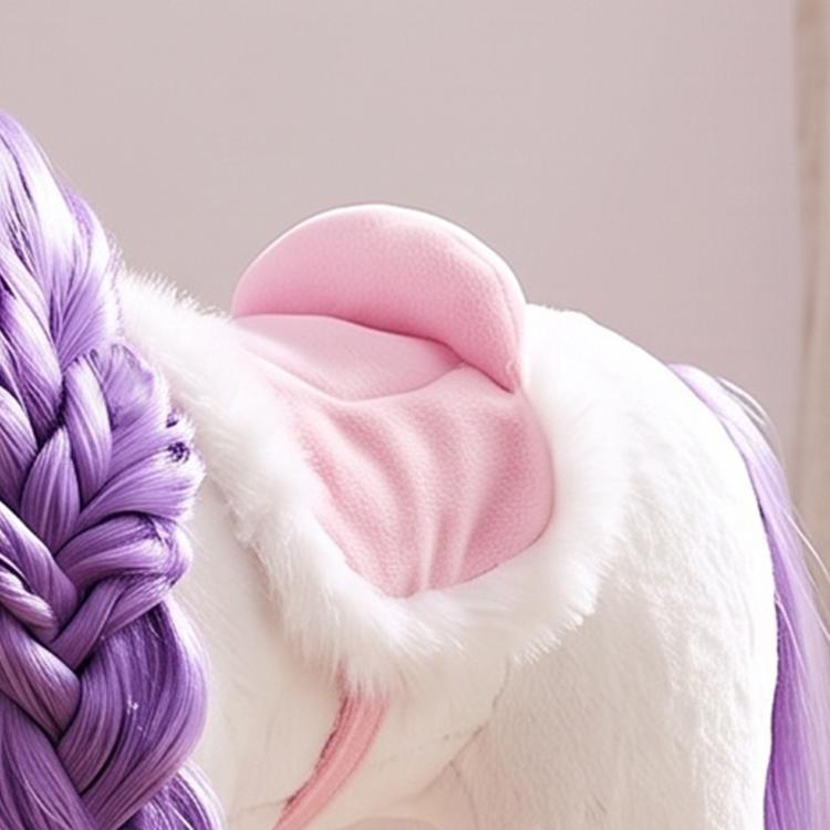 White plush ride-on horse toy with pink saddle pad and purple mane