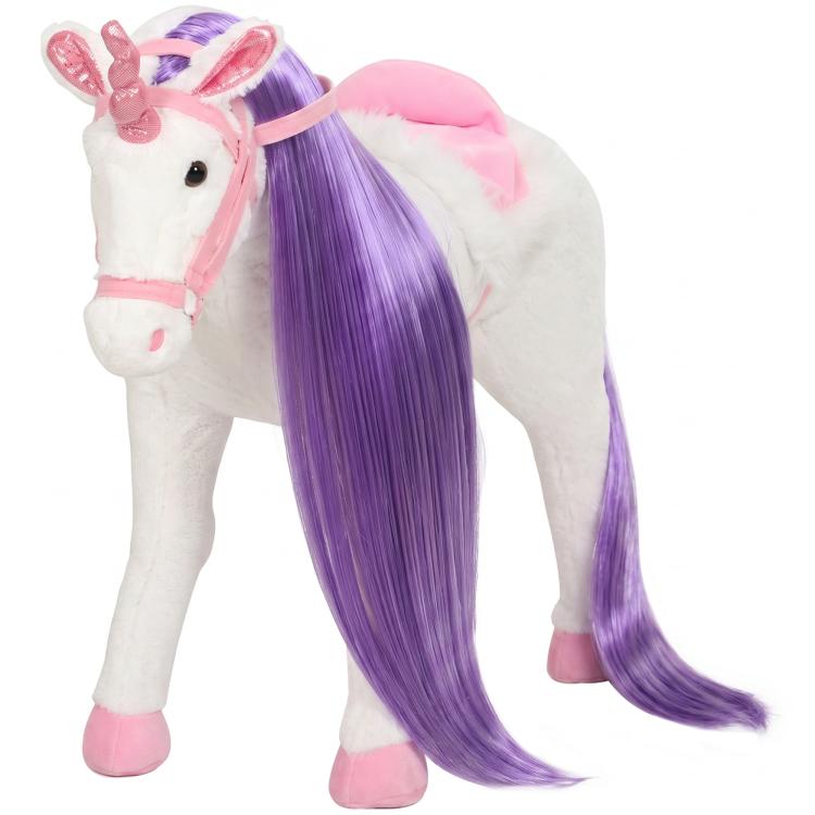 White stuffed ride-on horse with purple long mane, pink bridle, and pink legs