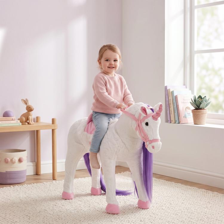 White plush ride-on horse toy with purple long mane and pink bridle