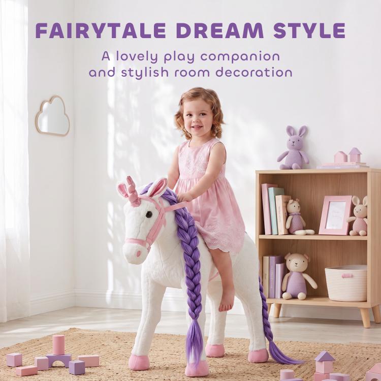 White plush ride-on horse toy with purple braided mane and pink accents