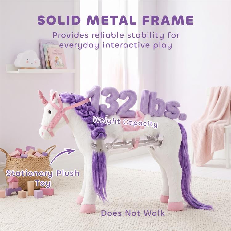 White plush ride-on horse toy with purple tail and pink accents
