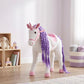White plush ride-on horse toy standing with purple braided mane and pink trim