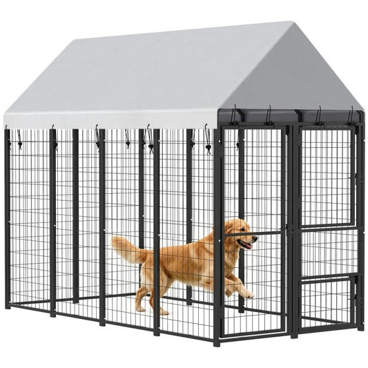 Outdoor dog kennel with roof, black wire mesh panels, and front door opening