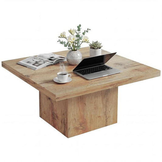 Light brown square coffee table with thick tabletop and solid square base