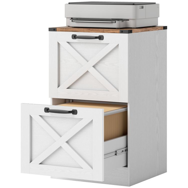 White 2-drawer printer stand with one drawer pulled open and X barn door doors