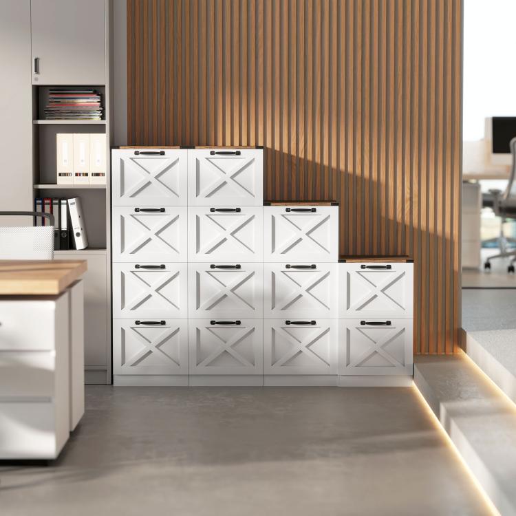 White cabinet with X-pattern front drawers and black bar pulls