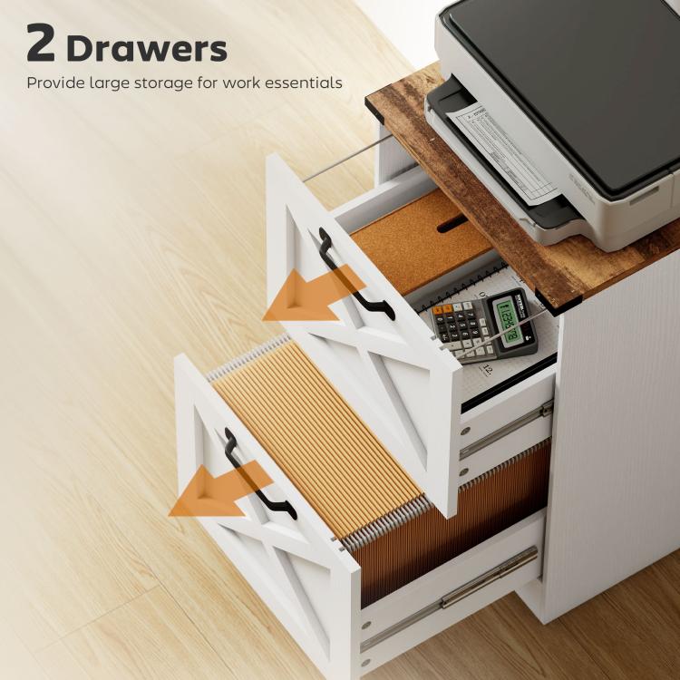 White 2-drawer printer stand with both drawers open for office file storage