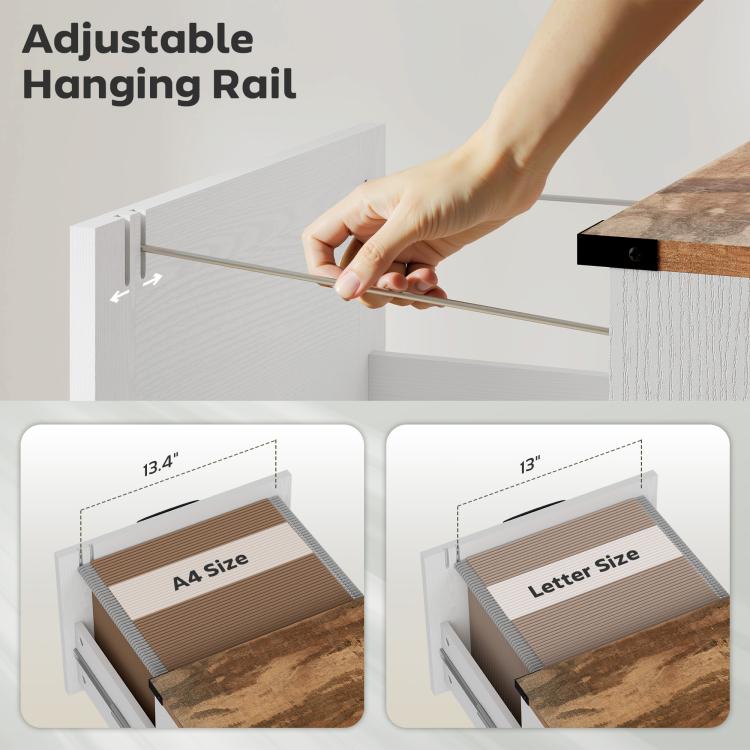 White 2-drawer printer stand with adjustable hanging rail inside the top compartment