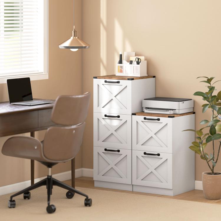 White 2-drawer printer stand set with X barn door fronts and black handle pulls