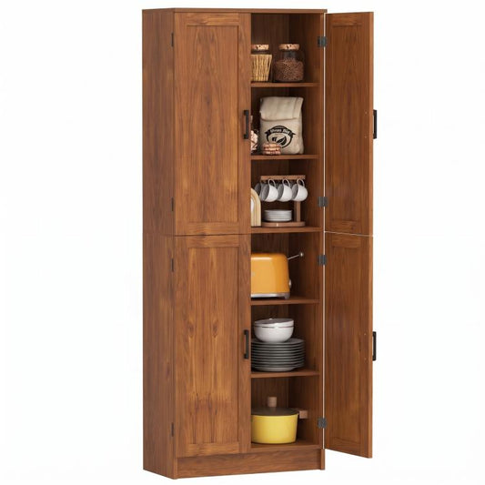 Teak freestanding kitchen pantry cabinet with 4 doors open, adjustable shelves inside