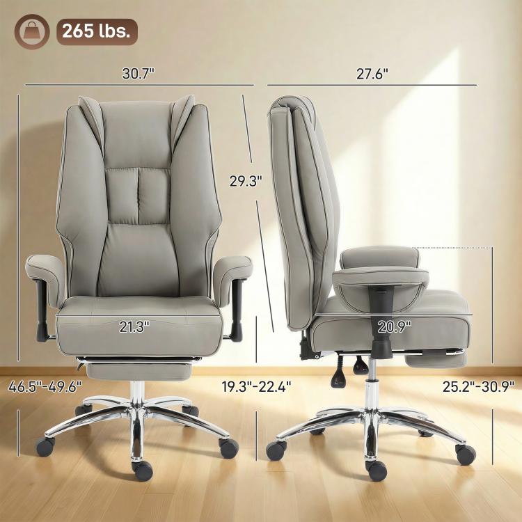Light gray reclining office chair with padded back, seat cushion, and chrome caster base