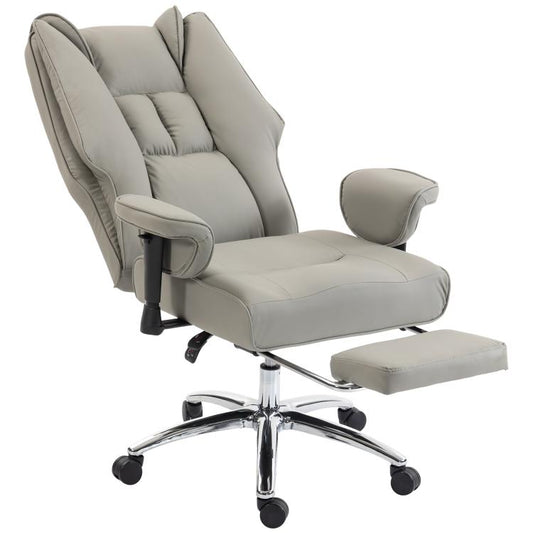Light gray high-back office chair with reclined seat, padded armrests, and footrest